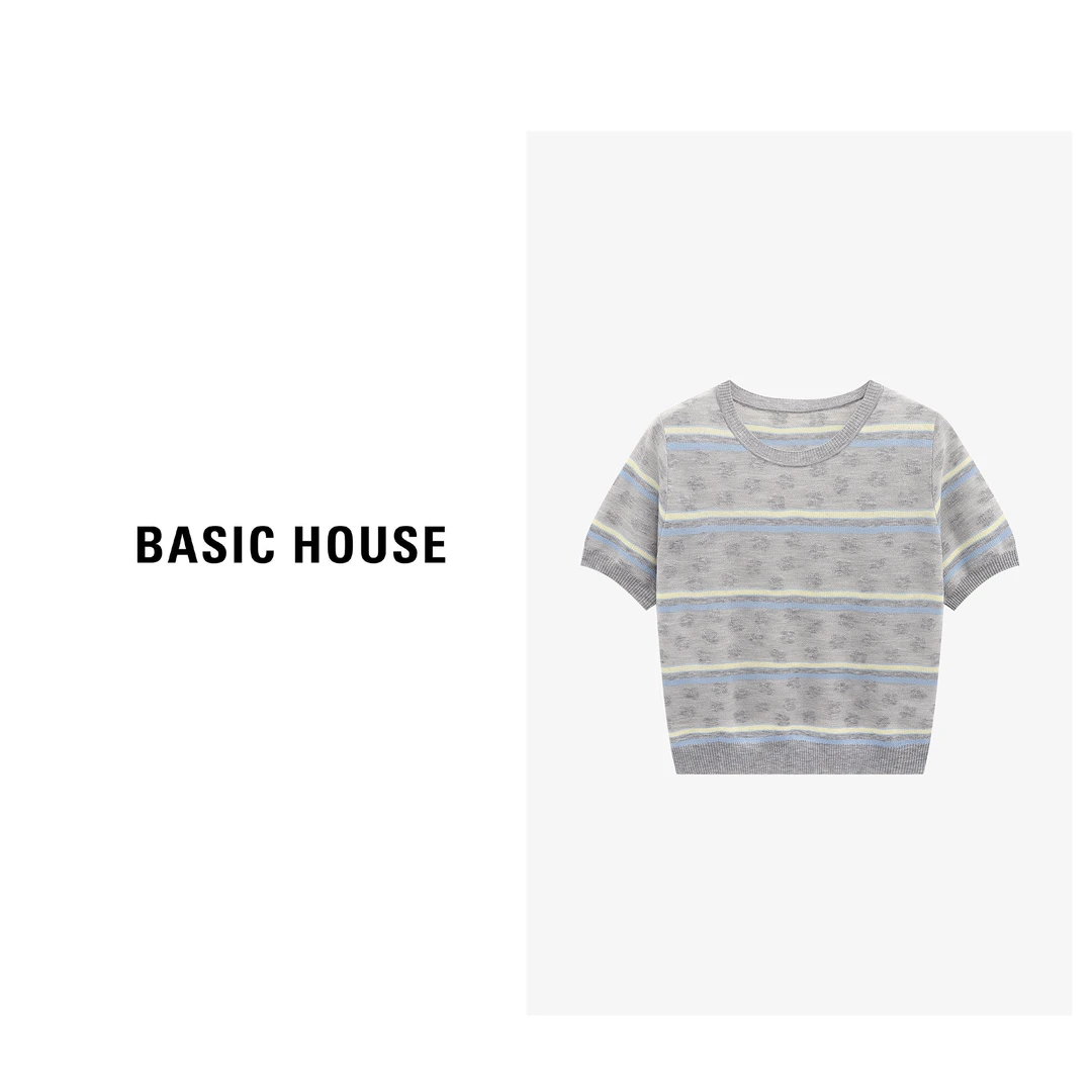 Basic House/百家好时尚休闲百搭夏季复古条纹针织衫-B0625B5E172