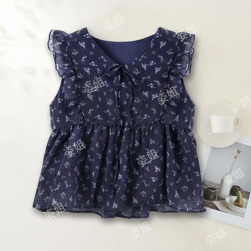 2025夏季新款荷叶边拼接设计感蓝色碎花上衣百搭气质飞飞袖上衣女