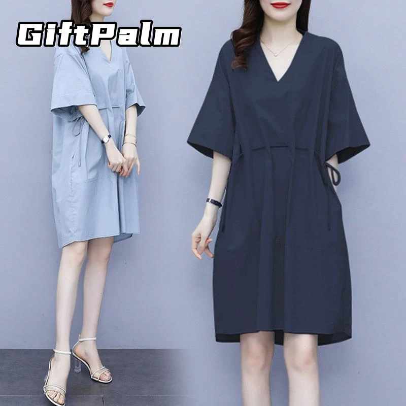GiftPalm大码女装直筒连衣裙遮肚子减龄胖mm显瘦中年妈妈夏装裙子