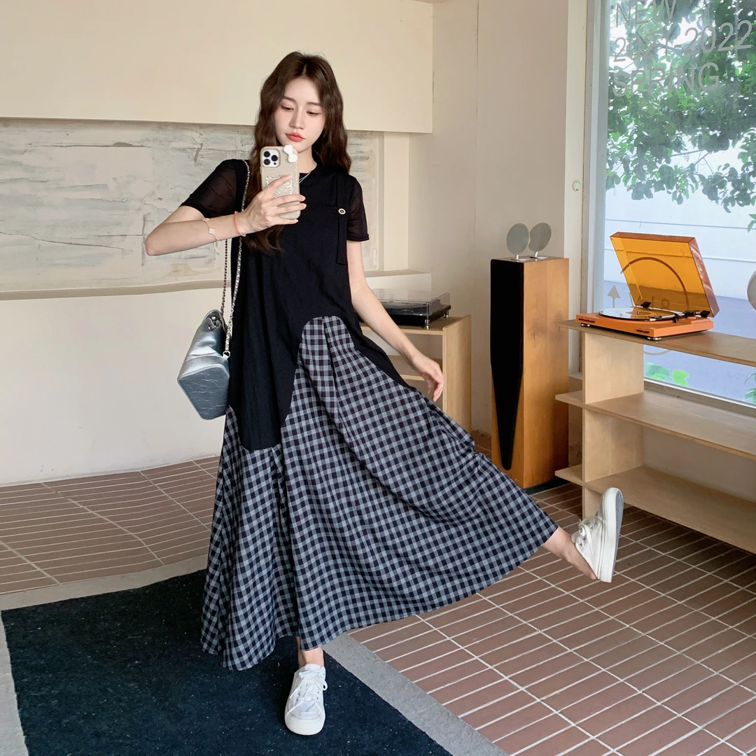 夏季ootd减龄穿搭一整套女设计感不规则上衣格子拼接连衣裙两件套