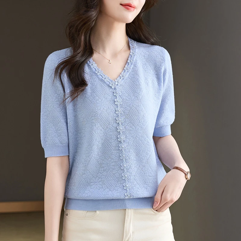 天丝针织衫短袖t恤女装2025新款妈妈夏装宽松半袖高级感气质上衣