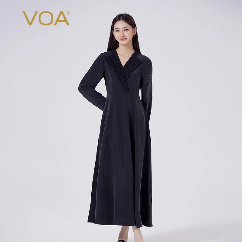 VOA重磅真丝乔其塔克褶不对称设计长袖显瘦时尚连衣裙AE2306