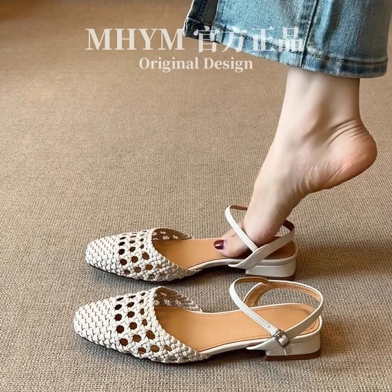 MH官方文艺复古编织镂空低跟包头鞋女法式一字带扣外穿真皮凉鞋