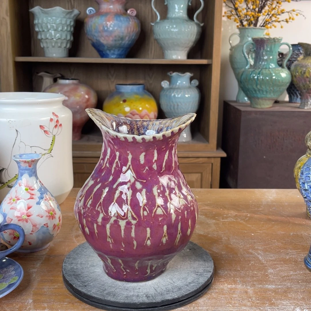 摆件陶瓷花瓶高20.5口径7盘泥微瑕