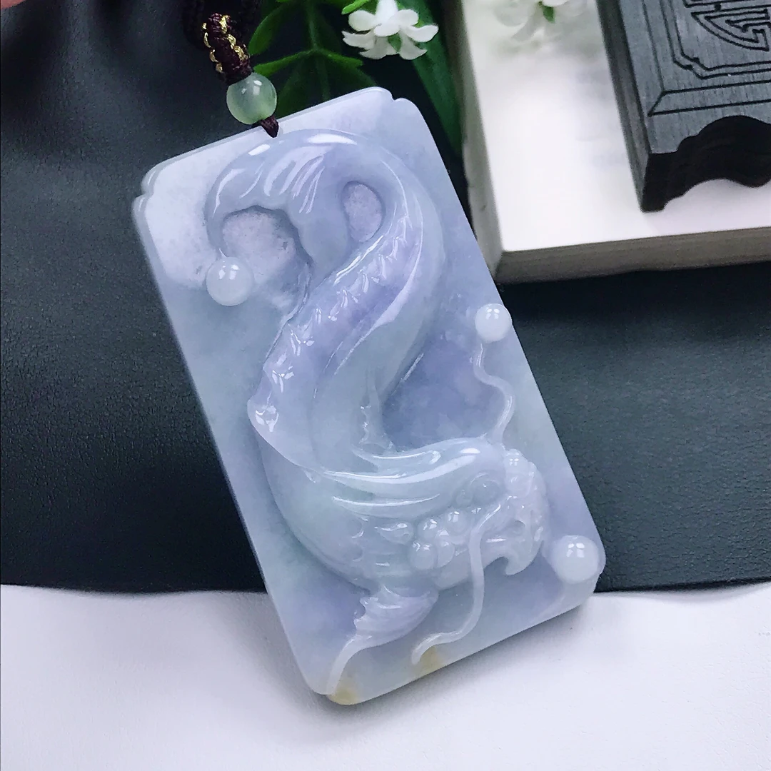 缅甸翡翠A货紫罗兰龙头鱼吊坠玉坠挂件