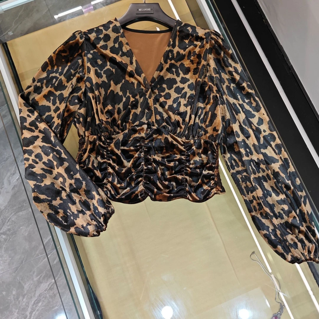 成人刺绣长袖修身型复古显瘦豹纹印花女装上衣