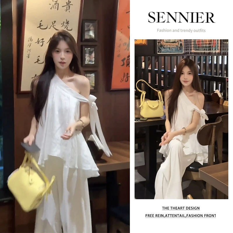 夏季穿搭一整套2025新款韩版不规则系带无袖上衣显瘦阔腿裤两件套