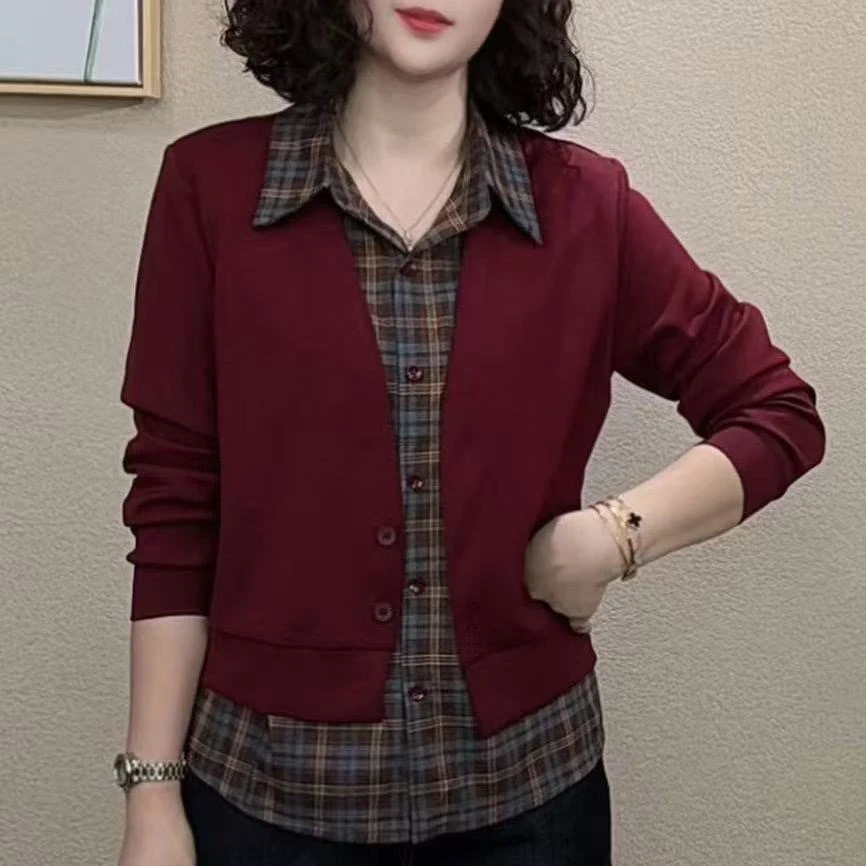 翻领格子假两件衬衫上衣女秋季新款休闲时尚百搭宽松洋气长袖衬衣