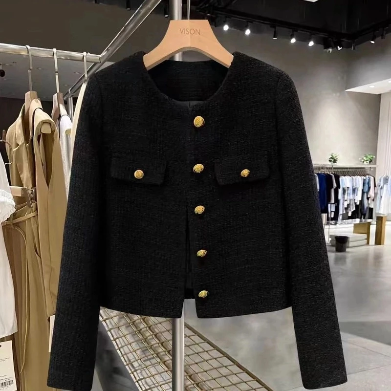 黑色小香风女2025早春新款金属扣设计气质显瘦百搭外套8096