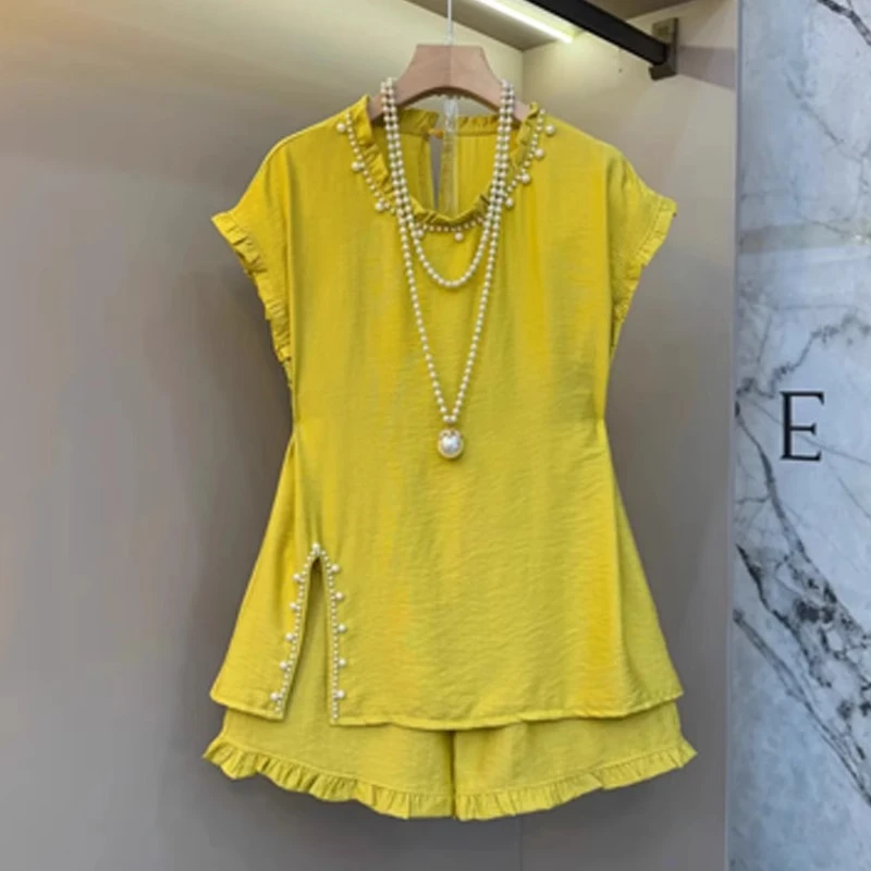 2025夏季新款女士宽松显瘦圆领钉珠短袖上衣木耳边短裤国风两件套