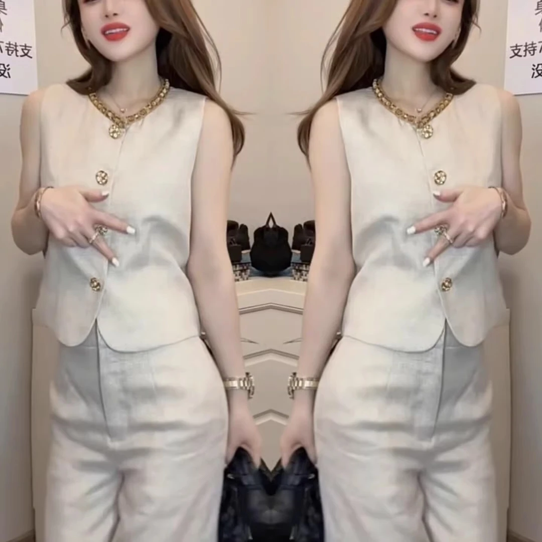 2025夏季大方得体穿搭一整套高级感气质小香风马甲阔腿裤职业套装