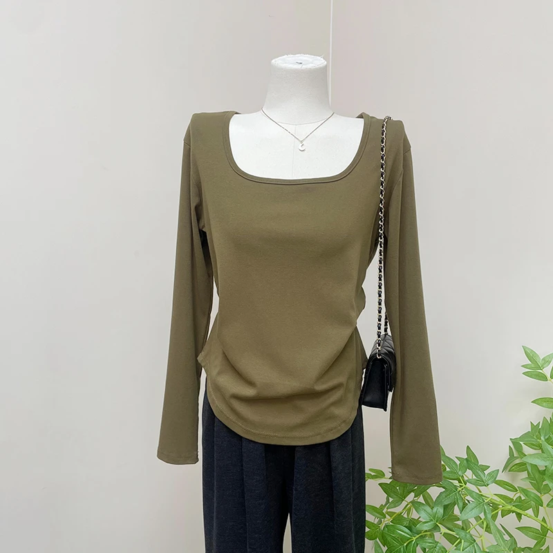 大码200斤简约韩版方领正肩长袖t恤女春季新款薄款修身显瘦打底衫