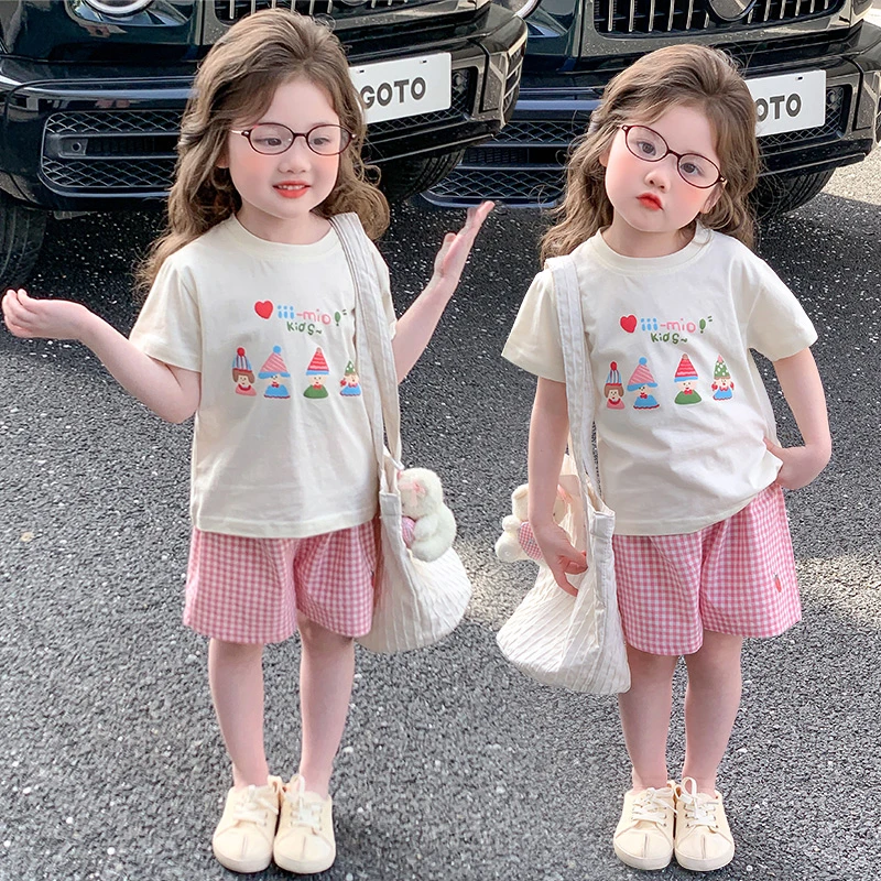 女童夏季新款清新甜美白色120短袖粉格子裤两件套&雪人格子裤套装