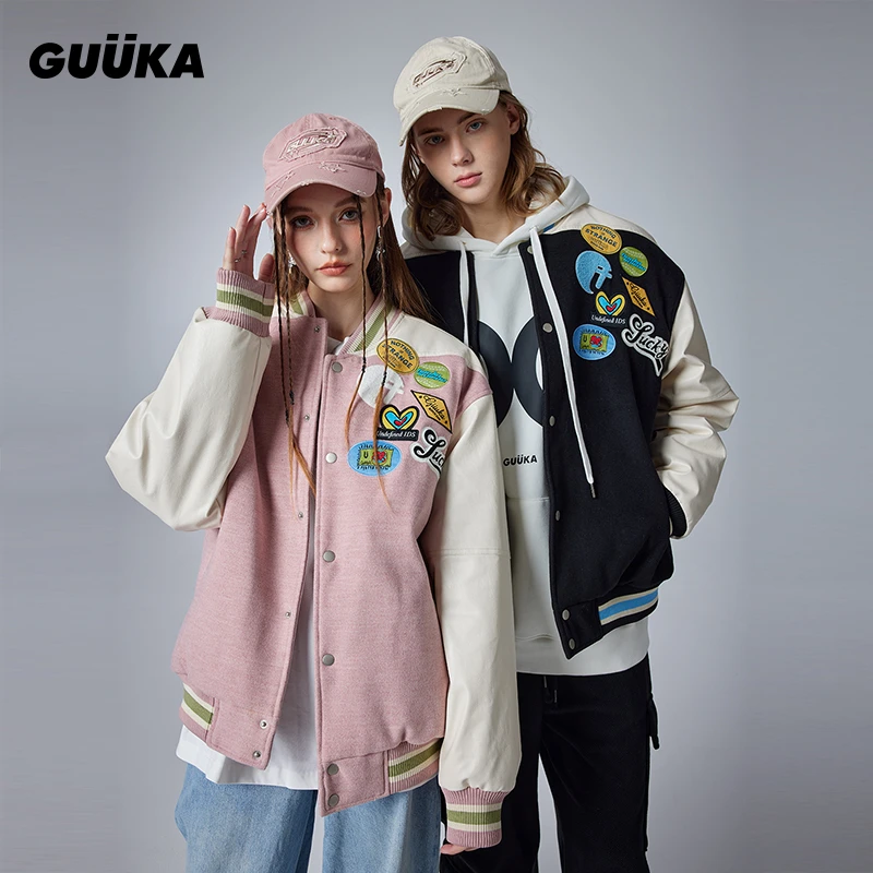 GUUKA潮牌黑色美式棉服男新款粉色拼接棒球服棉衣冬季外套女宽松