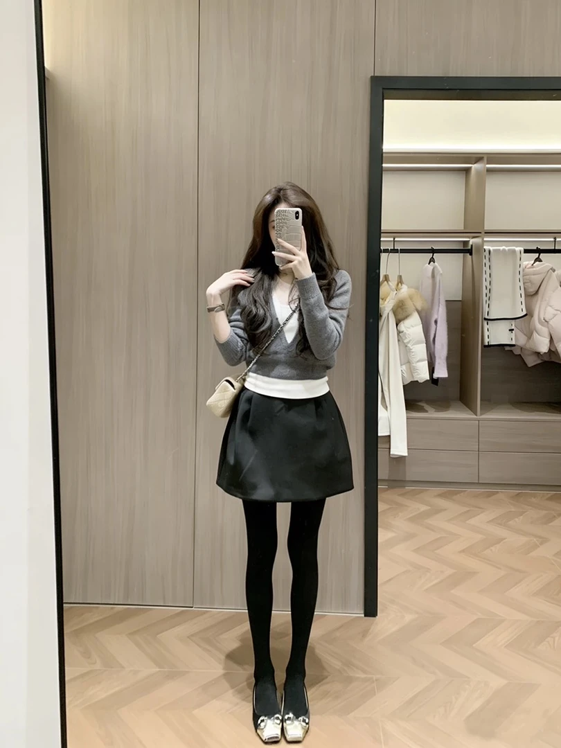 甜美穿搭一整套针织衫女气质韩系假两件拼接巨好看的冬装内搭裙子