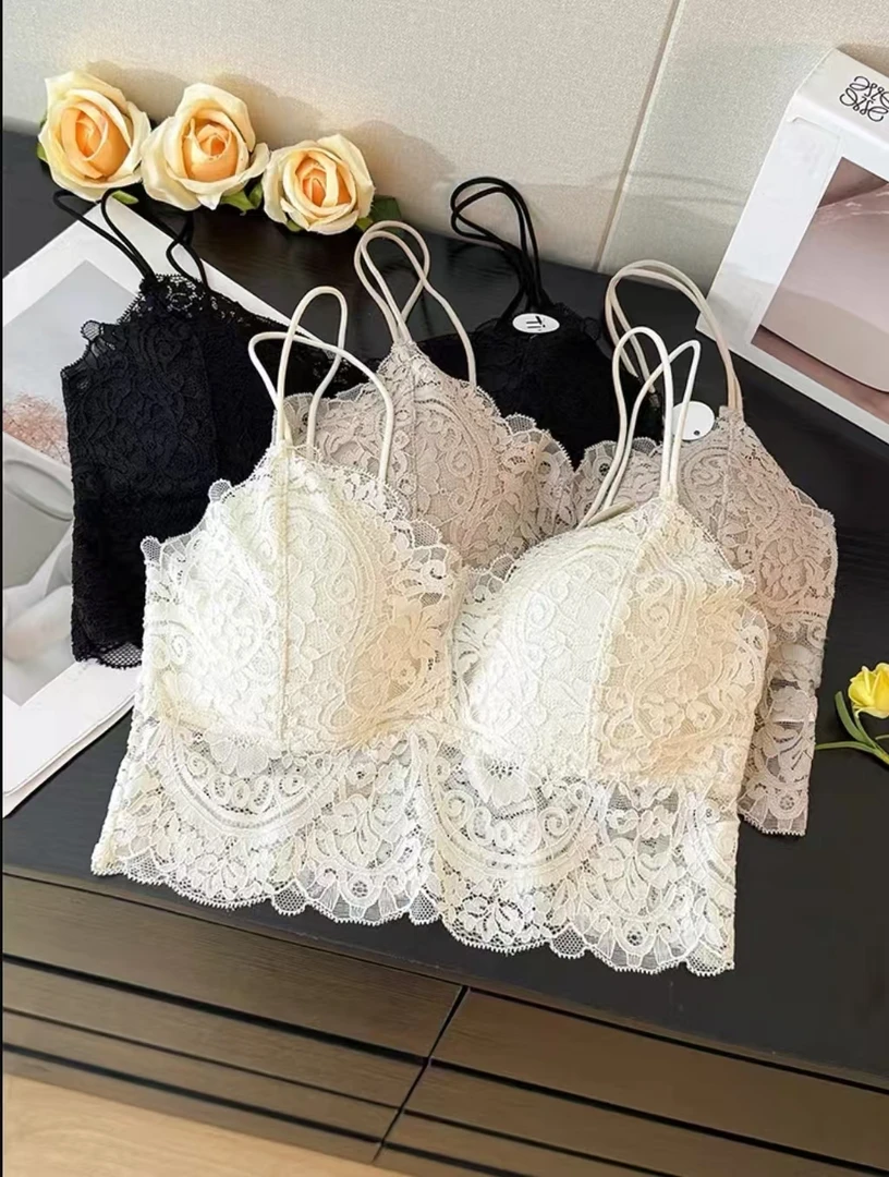 法式性感蕾丝镂空勾花抹胸背心女夏季辣妹修身短款带胸垫-8879