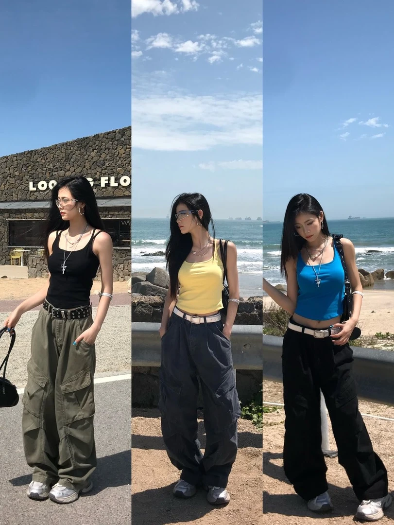 【十二】春夏美式复古洗水棉休闲裤女军绿色重工艺工装裤 SE61225