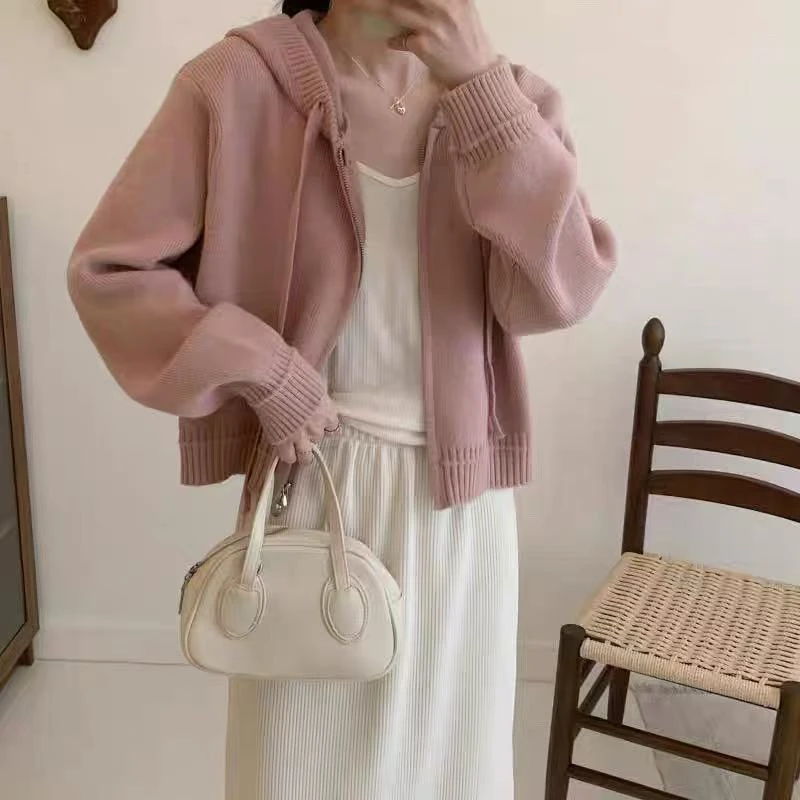 9388号#10052#秋冬宽松慵懒风双头拉链减龄连帽针织开衫外套（预）