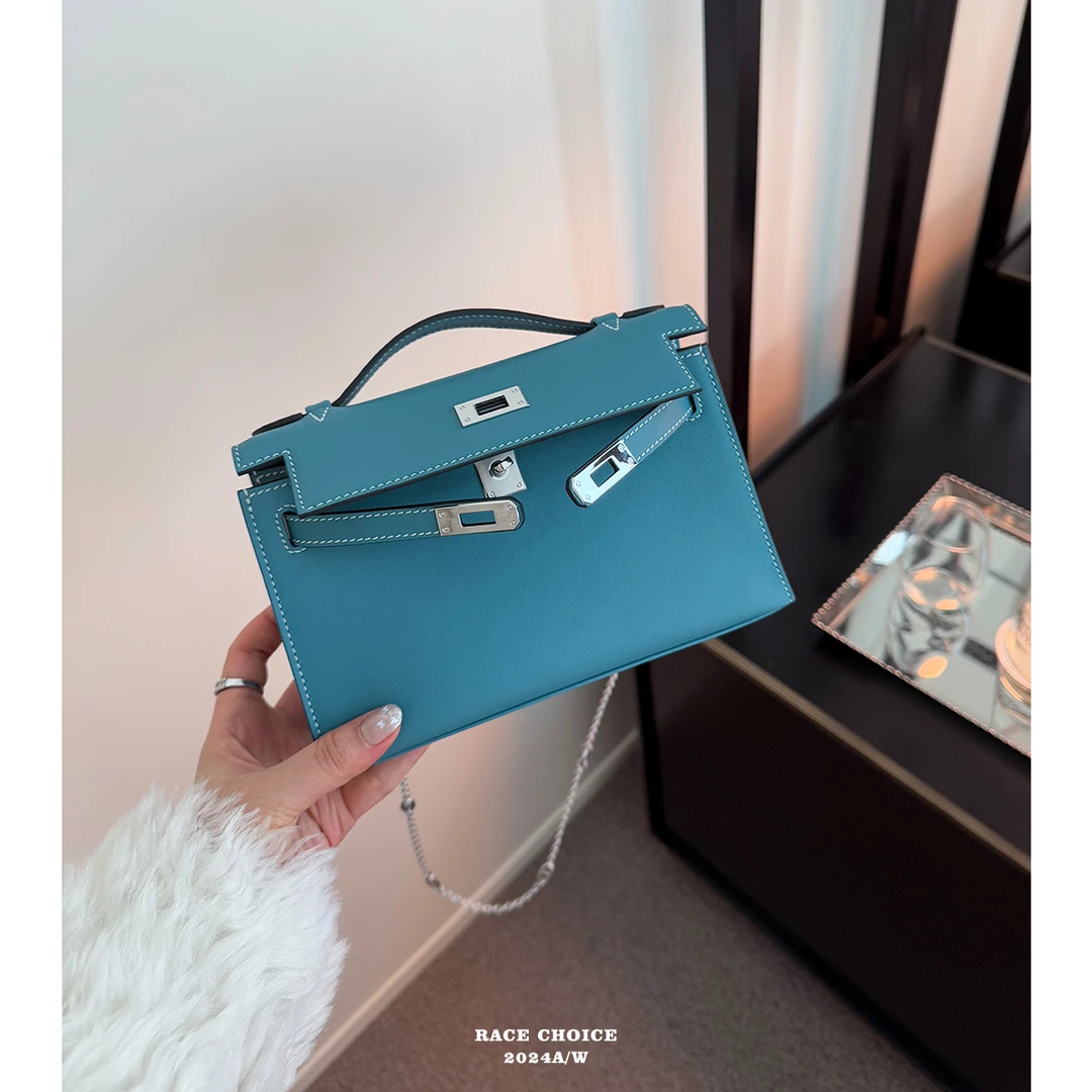 racechoice 手拿包 复古高级感牛仔蓝色头层牛皮手拎包一代凯莉包