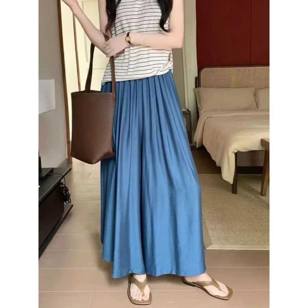 欧货韩版新款夏季麻料克莱因蓝高腰大阔腿慵懒裤气质悠闲百搭裙裤