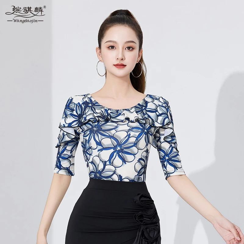 拉丁舞上衣女新款印花荷叶边舞蹈练功服中袖高端洋气摩登舞跳舞衣
