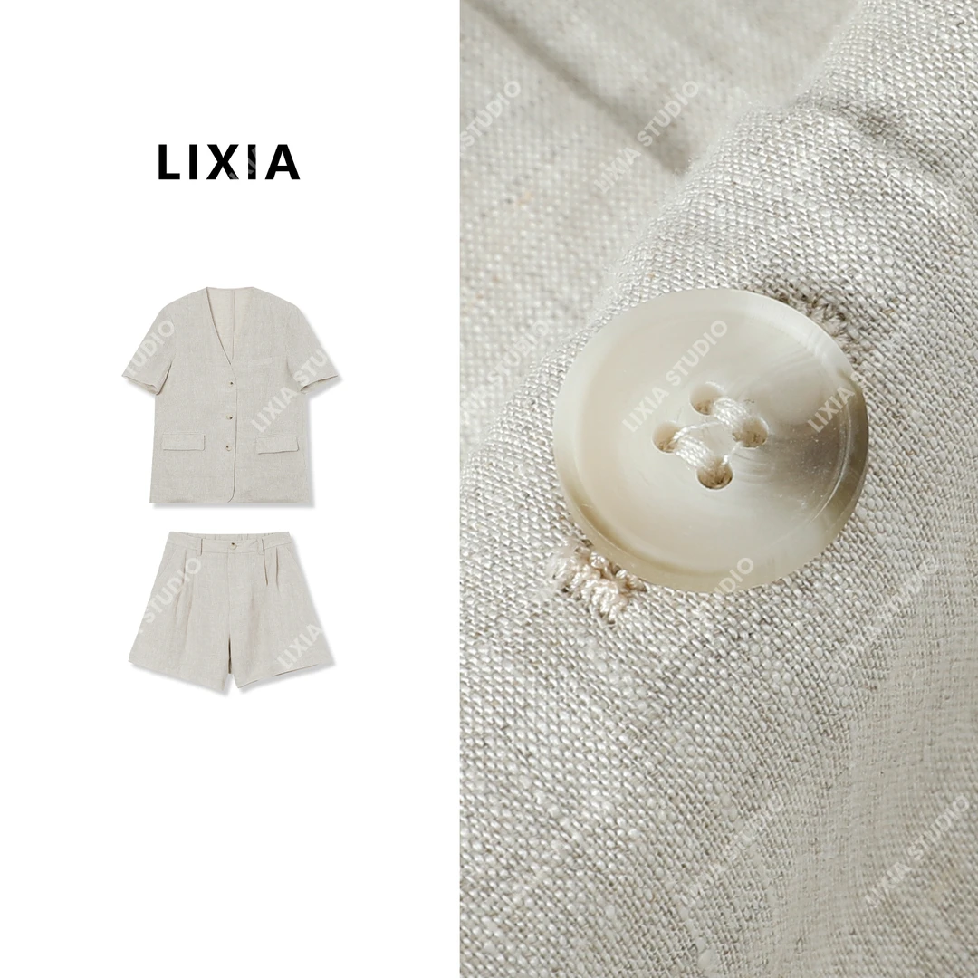 LIXIA【日光岛屿】亚麻短袖西装外套韩版气质短裤西服女套装-A6219