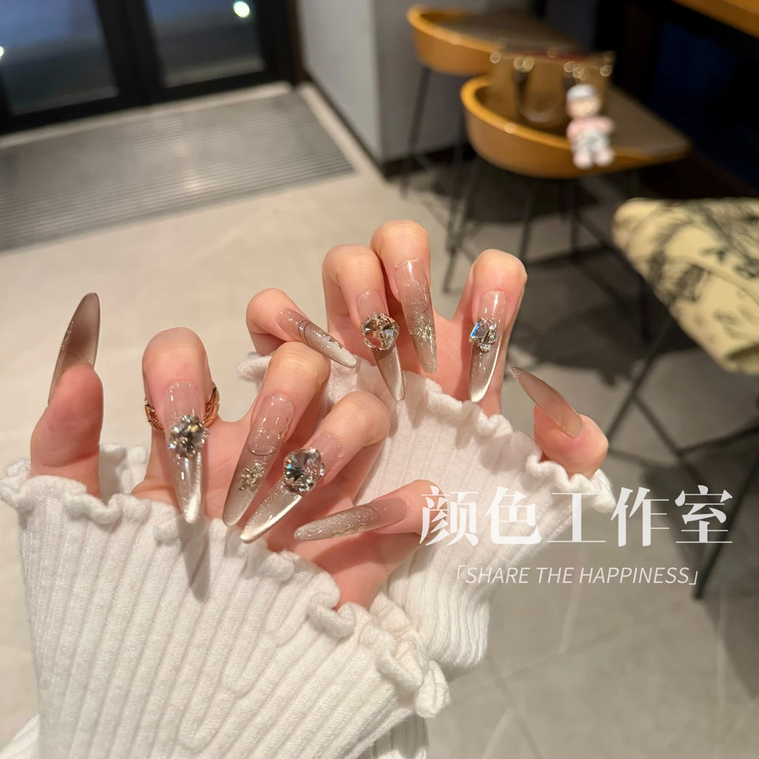 【尤莉之花】秋冬渐变侧光猫眼手绘魔镜粉高级感手工穿戴美甲贴片