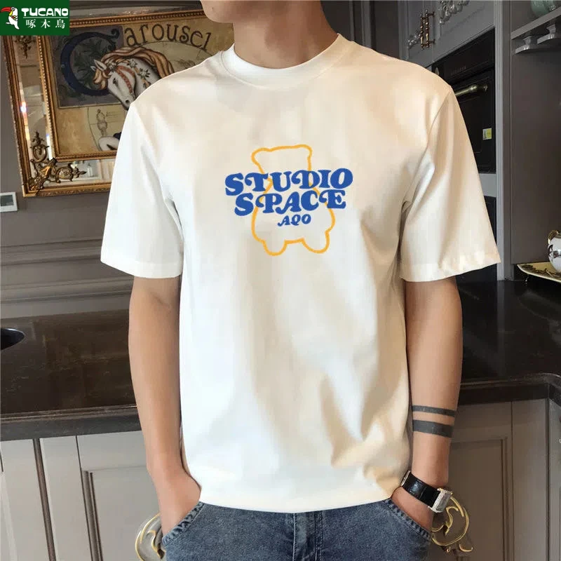 啄木鸟夏季新款纯棉短袖t恤男士港风时尚圆领潮流韩版帅气男装ins