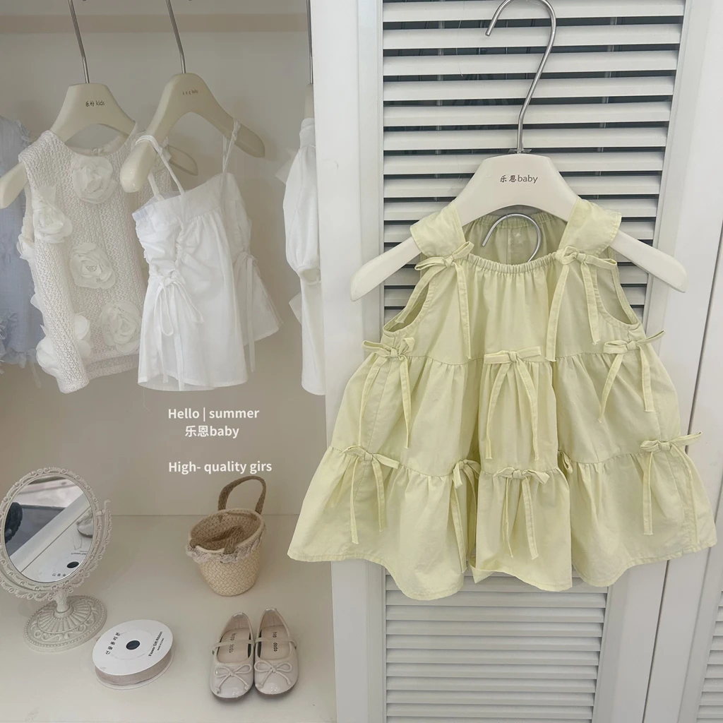 【乐恩baby】2025夏季女童柠檬黄连衣裙休闲风蝴蝶结公主裙背心裙子