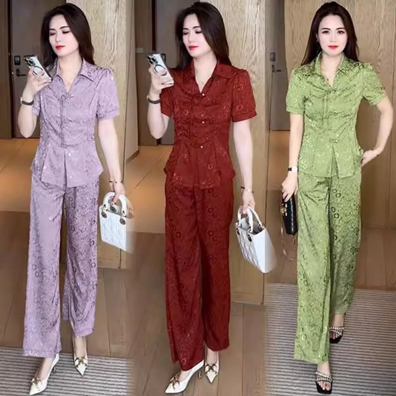 时尚套装女2025夏季新款洋气显瘦新中式盘扣短袖上衣阔腿裤两件套