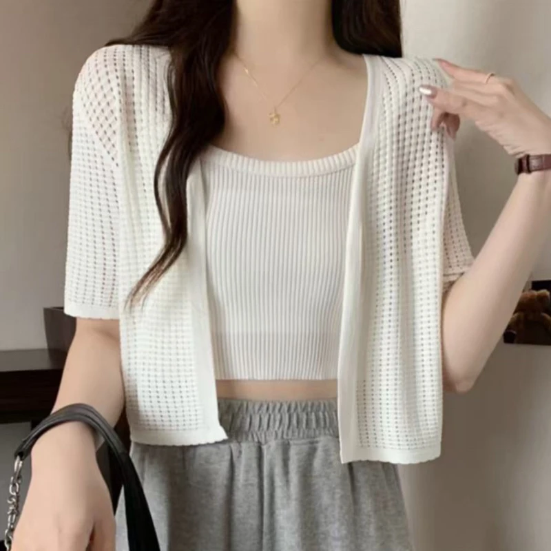 时尚百搭镂空短袖针织开衫多色春夏必备洋气短款薄款宽松白色透气