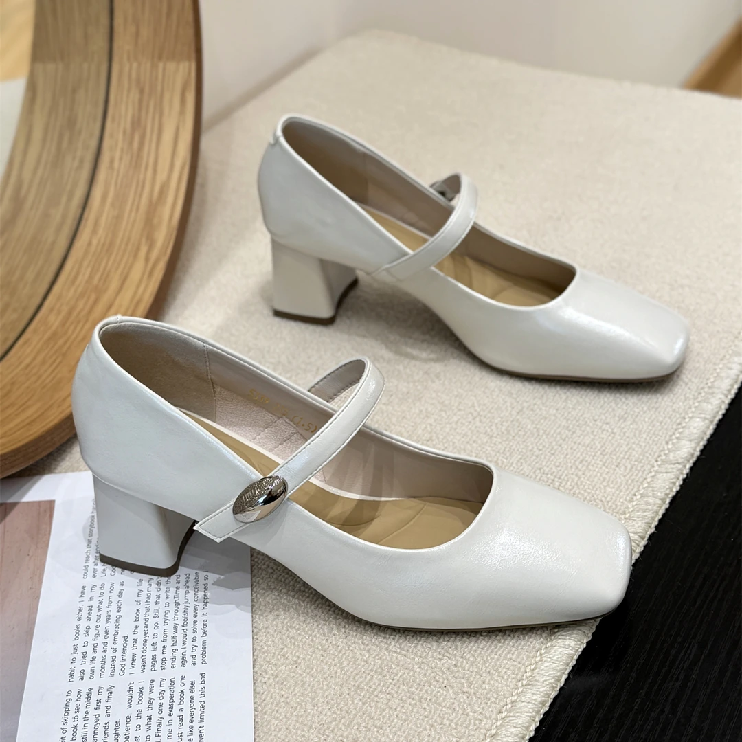 韩版洋气魔术贴粗跟玛丽珍鞋女2025新款夏高跟气质仙女风浅口单鞋