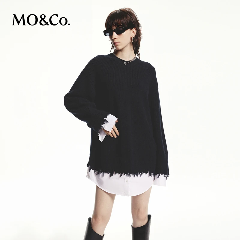 【赵老板专属】MOCO秋假两件黑白拼接粗纺绵羊毛烂边毛衣MBD3DRS002