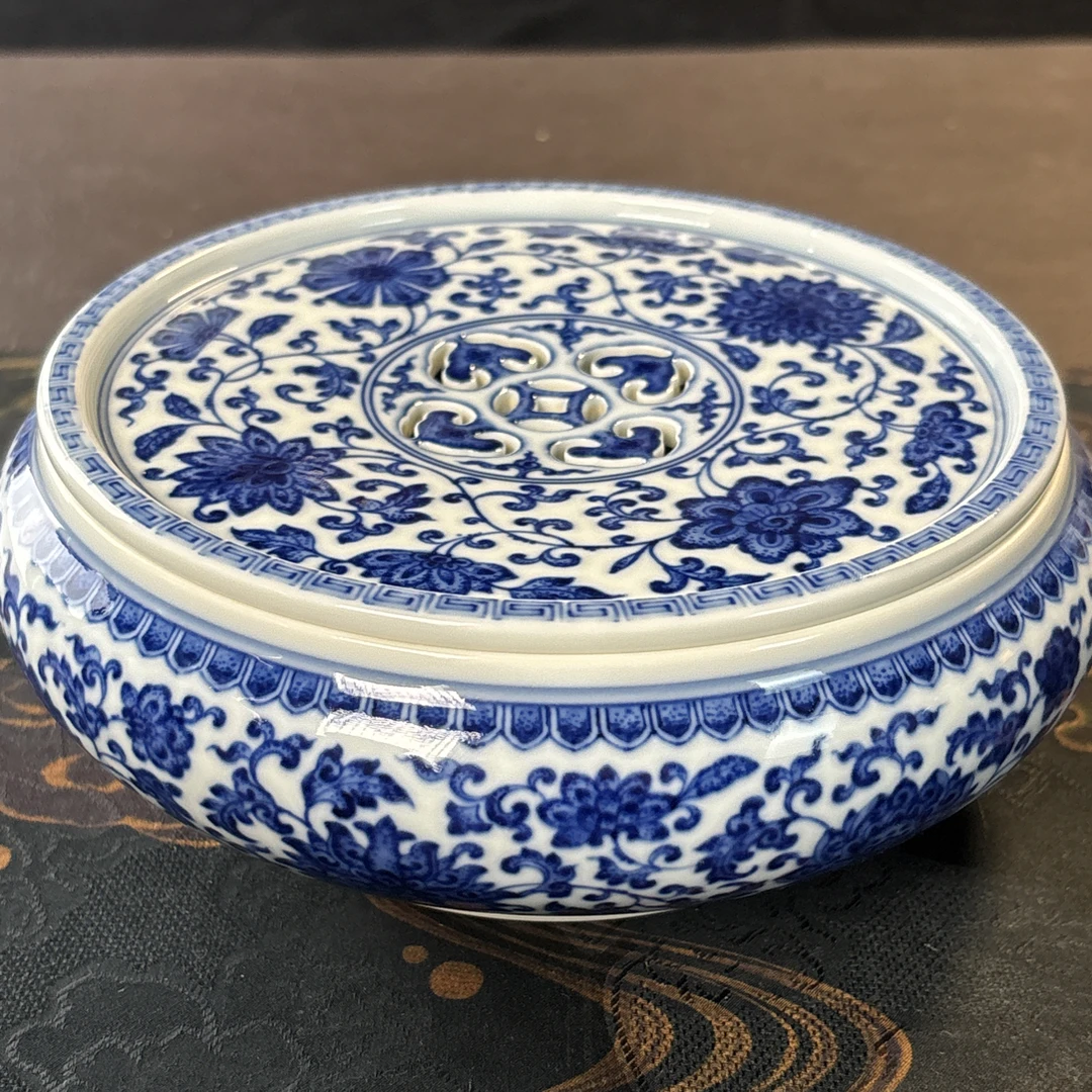 景德镇陶瓷 全手工手工 全点工工艺仿柴窑烧制 缠枝莲纹干泡台