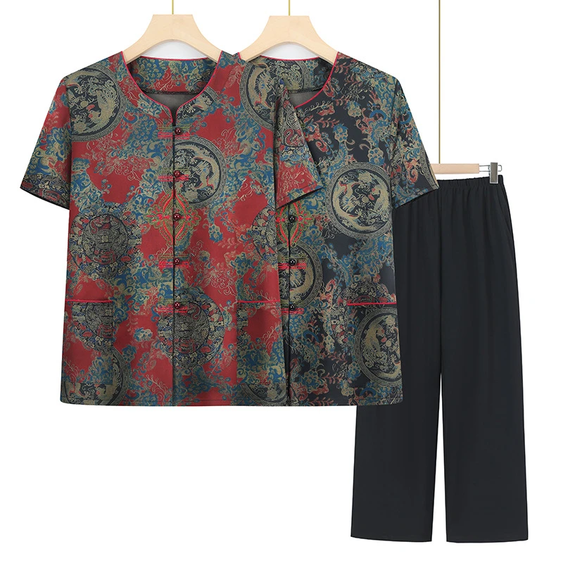 2025新款妈妈装中老年人夏装女妈妈短袖衬衫老人衣服裤子太太开衫