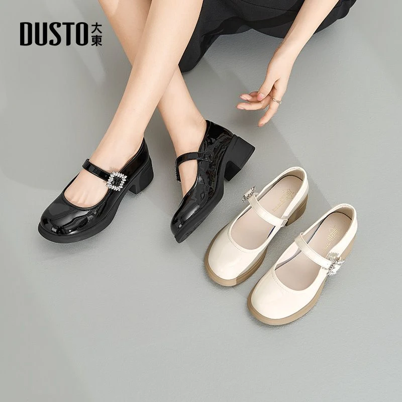 大东女鞋新款时尚百搭厚底玛丽珍单鞋水钻外穿小皮鞋高跟鞋1246