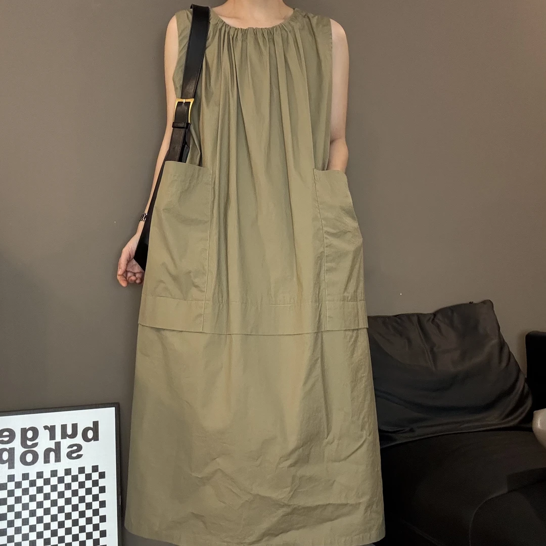 无袖气质大口袋设计感连衣裙2024夏季新款宽松显瘦背心长裙-24222