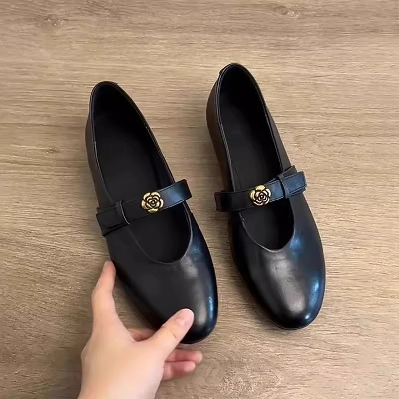 羊皮版~复古山茶花圆头小单鞋女英伦风一字带通勤低跟玛丽珍鞋子