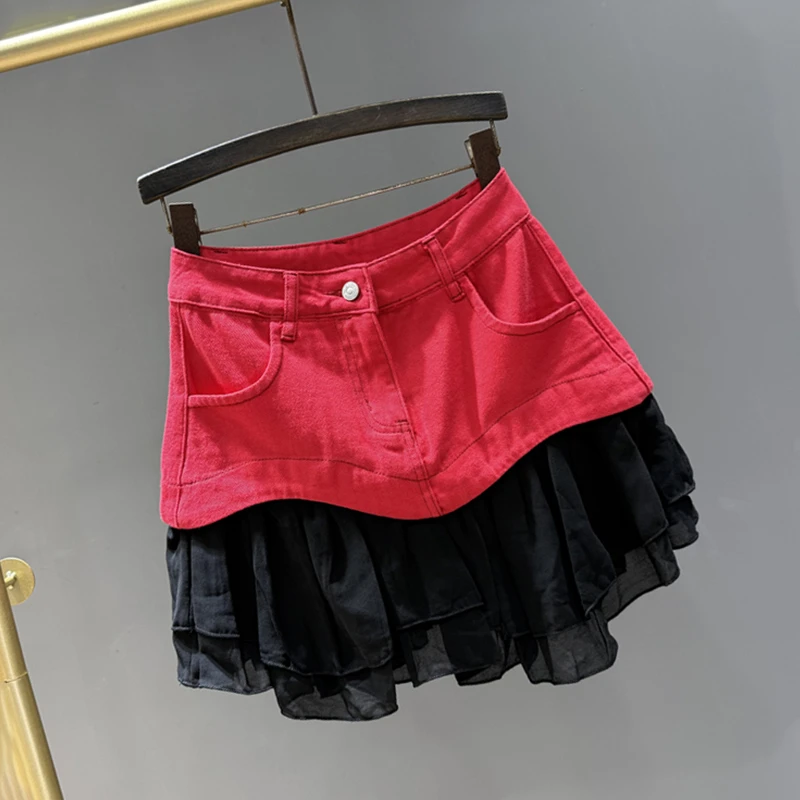 2025年夏季包臀美式辣妹拼接牛仔半身裙女高腰显瘦防走光a字短裙