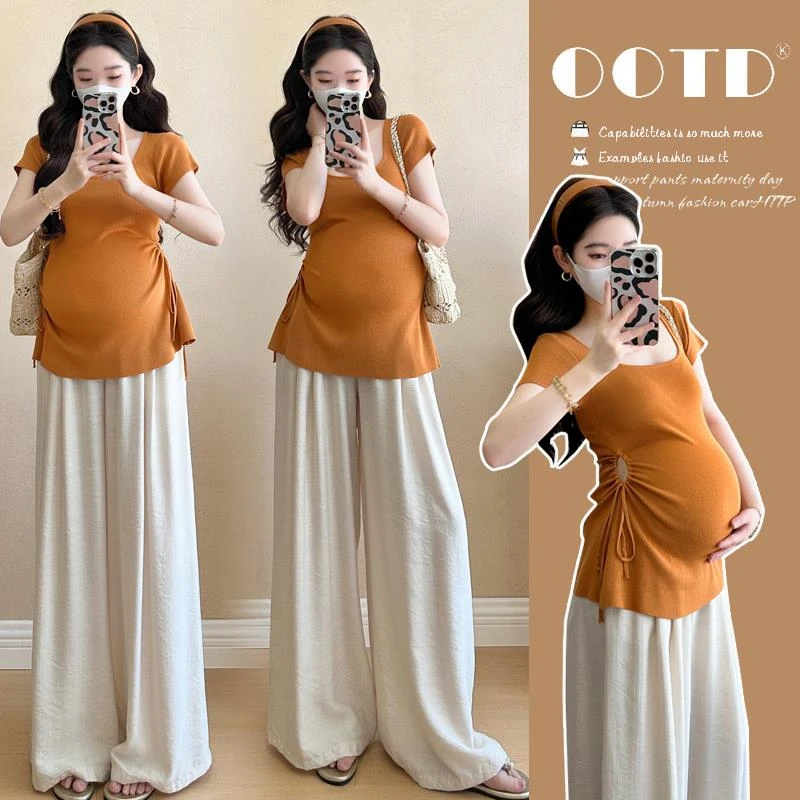孕妇装夏潮妈孕期穿搭慵懒风设计感上衣外穿孕期穿搭阔腿裤夏季