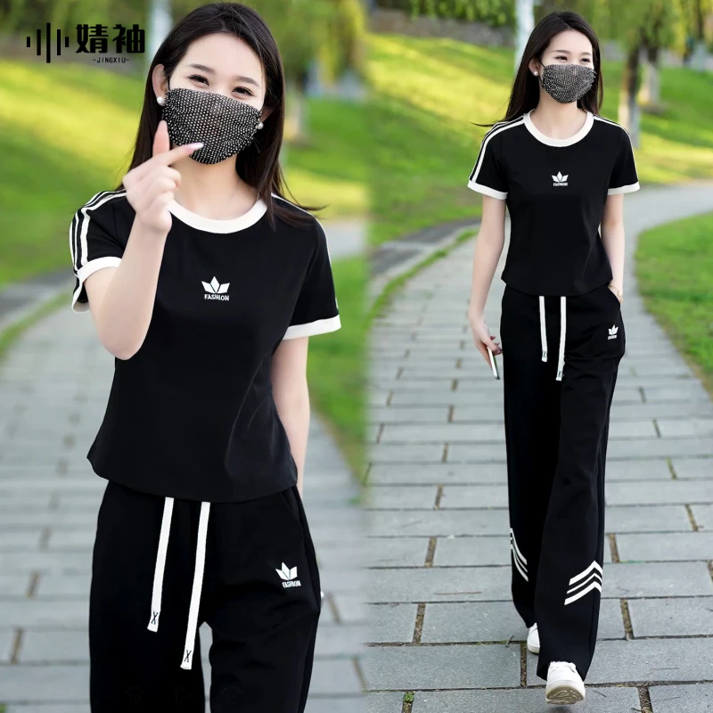 时尚休闲圆领短袖阔腿裤两件套女2025夏季新款洋气减龄运动服套装