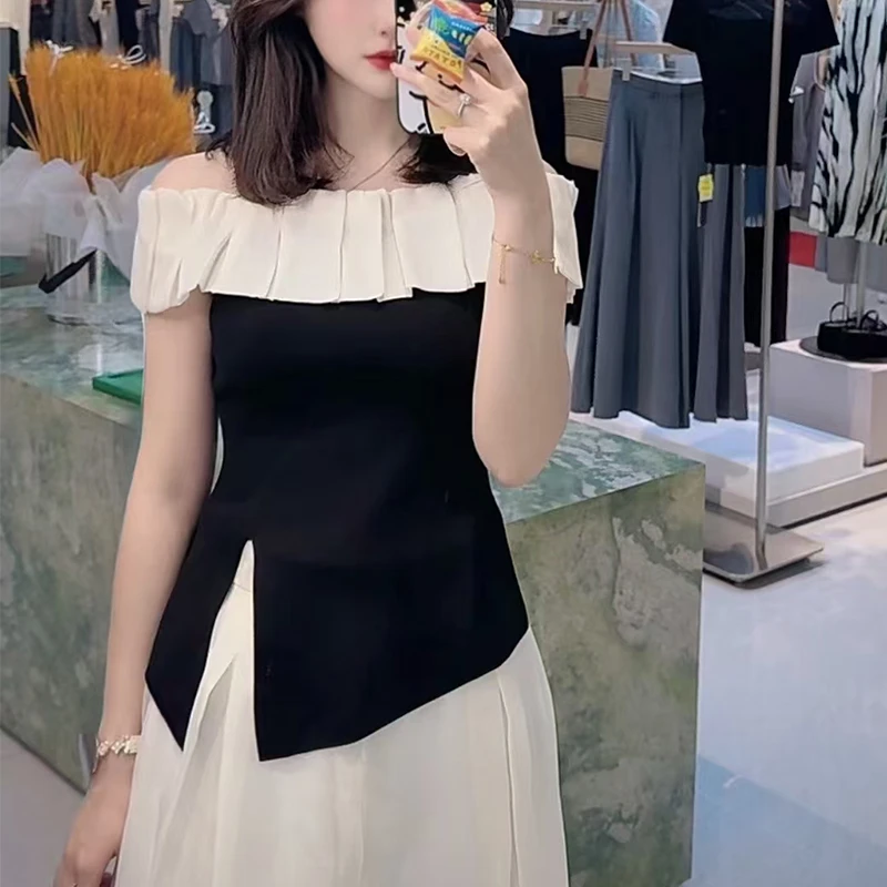 一字肩针织衫拼接荷叶边T恤女2025夏新款开叉小个子辣妹露肩上衣