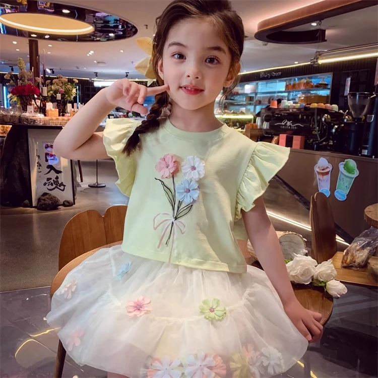 【现货】米米哈罗女童套装立体花朵T恤上衣半身裙两件套 X25385