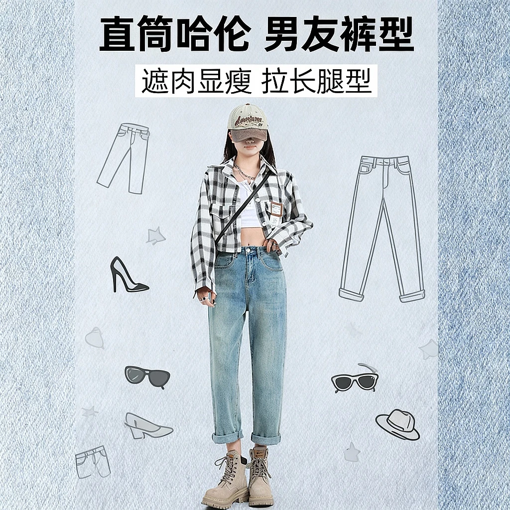 2024年秋冬加绒宽松男友裤女百搭显瘦大码九分直筒牛仔哈伦老爹裤