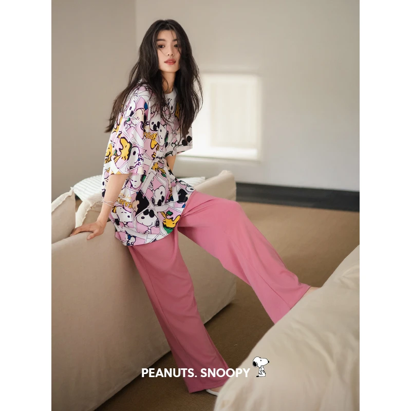 贝妍史努比睡衣女夏季薄款纯棉短袖长裤家居服可爱女大码凉感套装