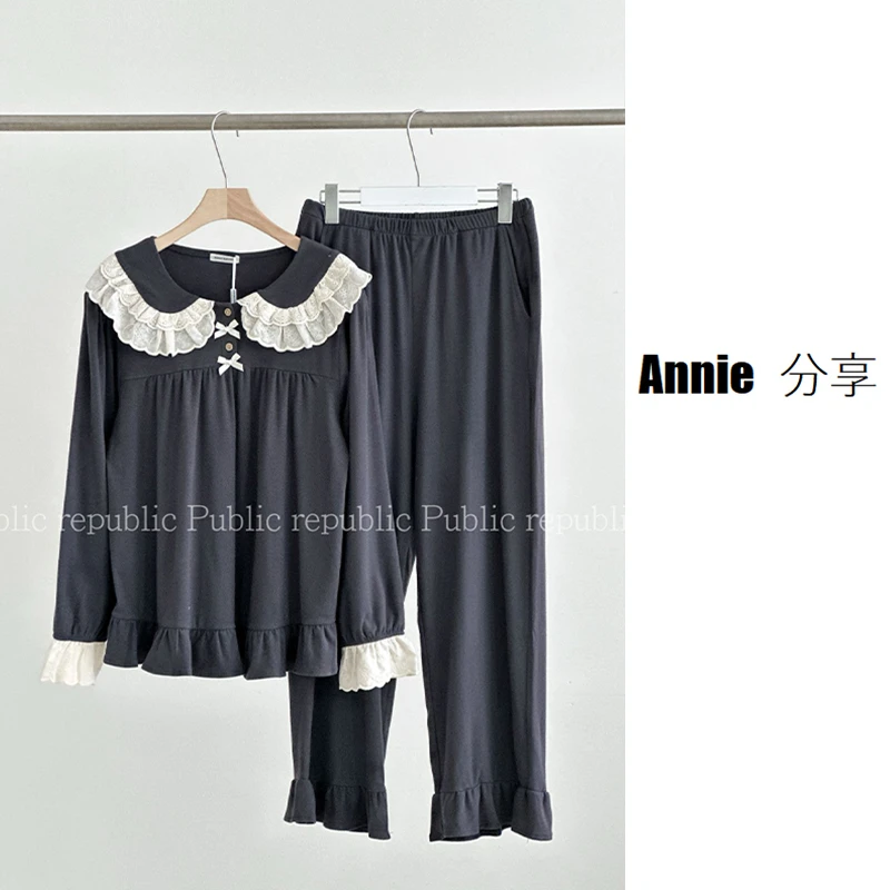 娃娃领/韩国Public republic睡衣女/长袖秋冬宫廷风纯棉家居套装