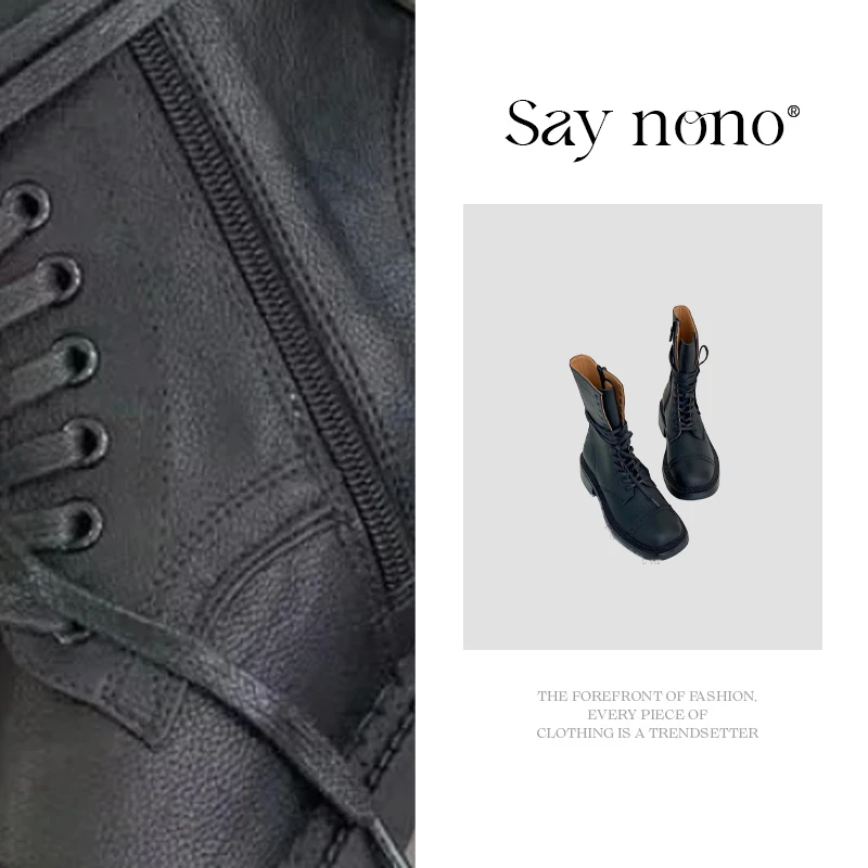 Say  nono  系带圆头侧拉链粗跟英伦风短筒马丁靴4.5cm