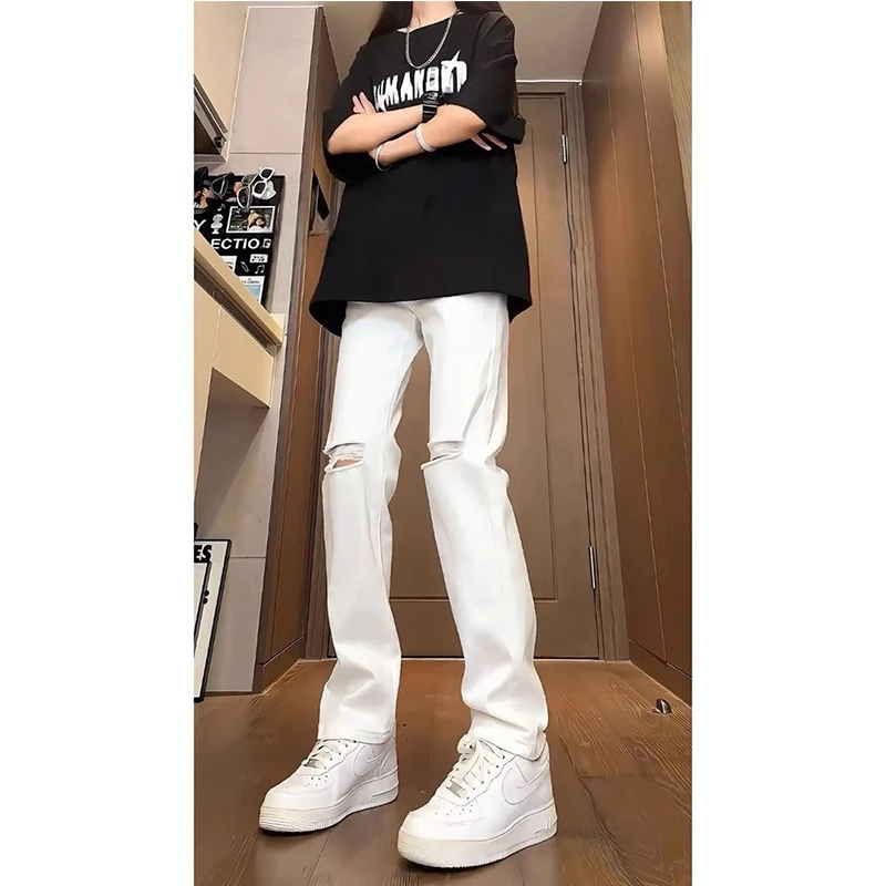白色破洞牛仔裤男女夏薄款美式高街vibe裤子窄版显瘦直筒微喇叭裤