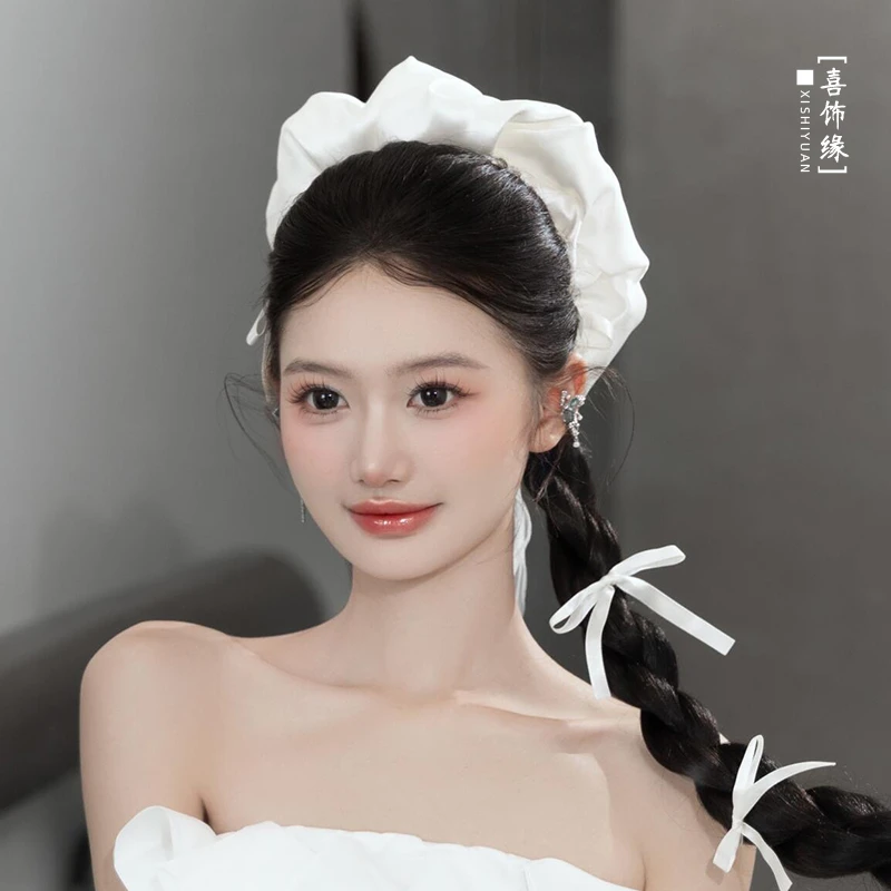 高级甜美白色缎面蝴蝶大肠发圈法式优雅后脑勺盘发新娘发饰BH6351