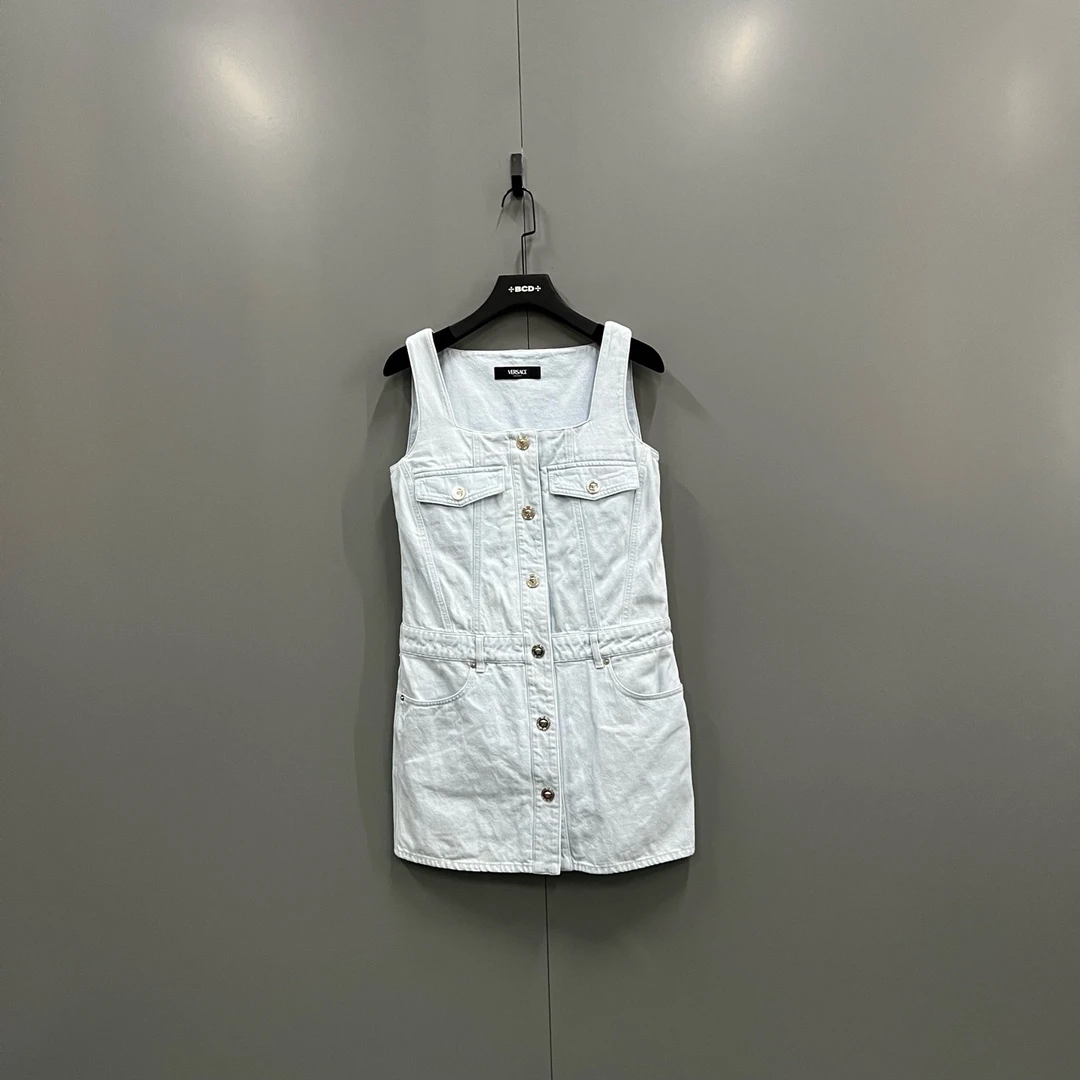 99新 VERSACE/范思哲 zz3 蓝色方领松紧腰无袖连衣裙 42码/609577